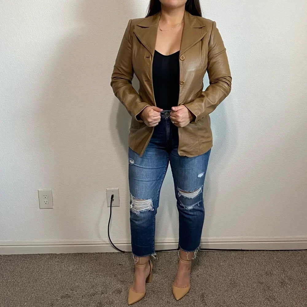 BP Nordstrom Genuine Lamb Skin W/Pockets Taupe Brown Leather Blazer Size Small
